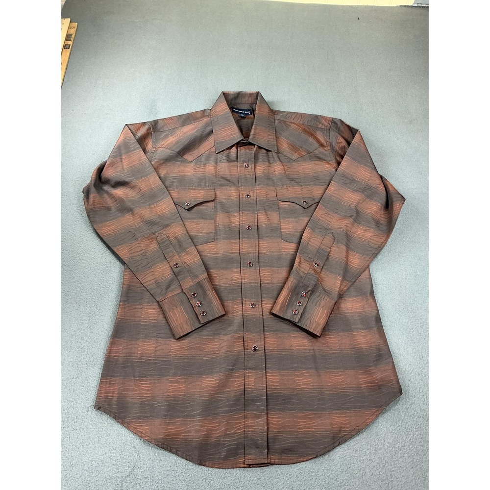 Panhandle Slim Shirt Mens M Brown Striped Polyester Blend Long Sleeve Button Up